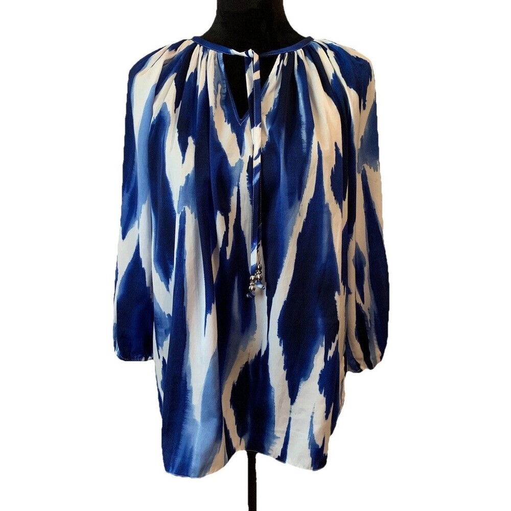 Chicos Womens Size 2 Blue White Abstract Satin Tunic Top Boho Career Large